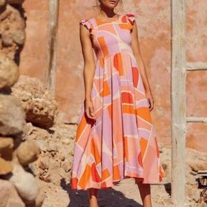 NWOT Mister Zimi  Abbie Sunset Midi Smocked Abstract Print